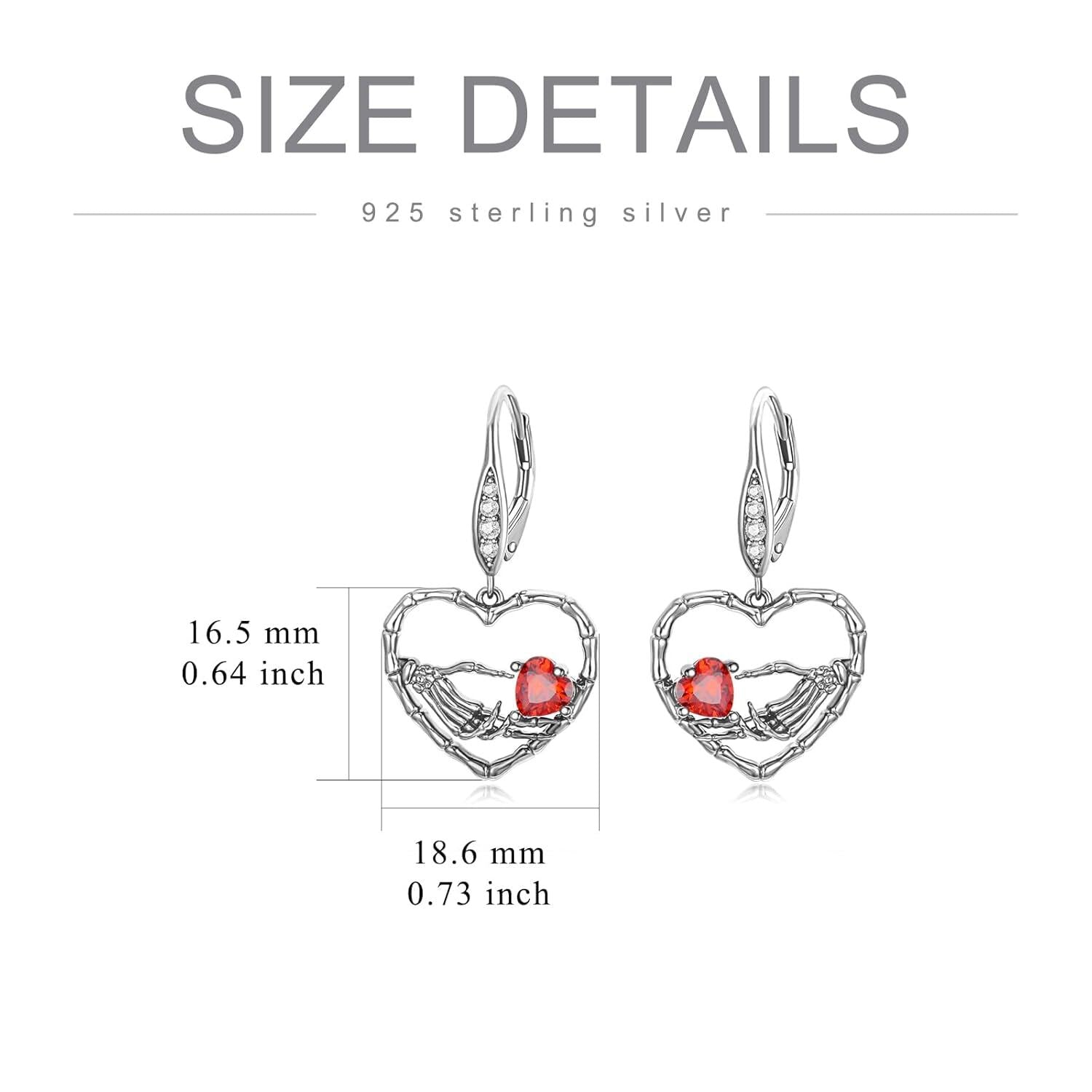 Skeleton Hand with Red Crystal Heart Skull Earrings