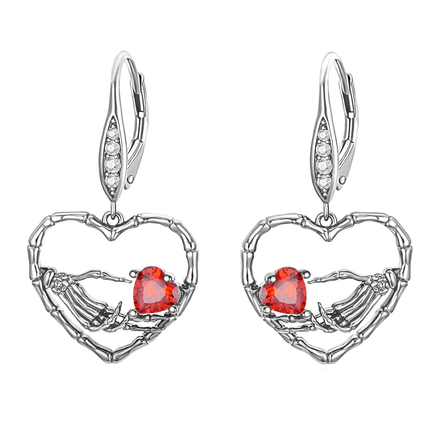 Skeleton Hand with Red Crystal Heart Skull Earrings