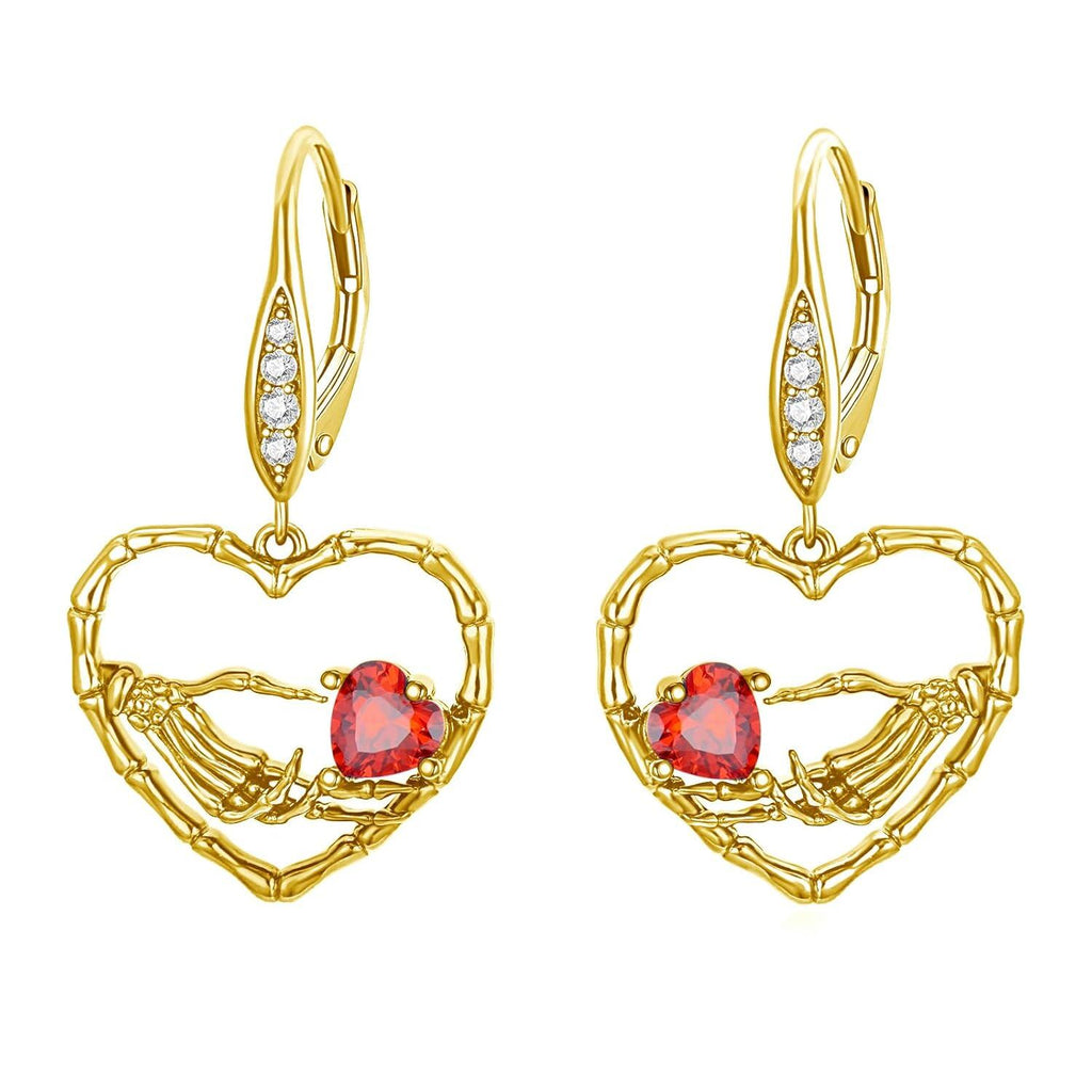 Skeleton Hand with Red Crystal Heart Skull Earrings
