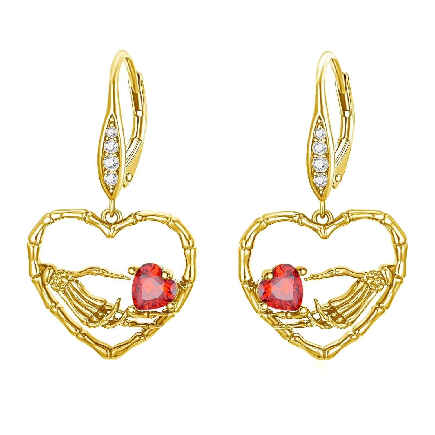 Skeleton Hand with Red Crystal Heart Skull Earrings